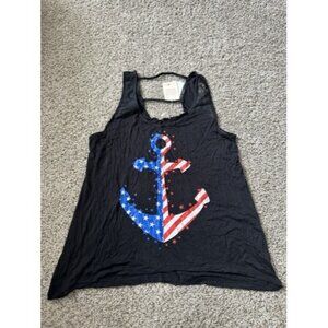 Self Womens Black Patriotic Americana Anchor Sleeveless Top Pull Over Size XL